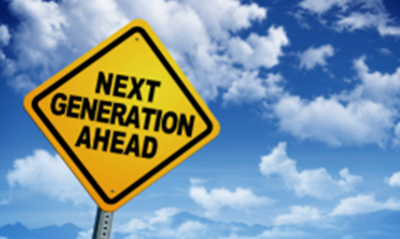 Blue sky with clouds and a yellow sign saying 'next generation ahead'